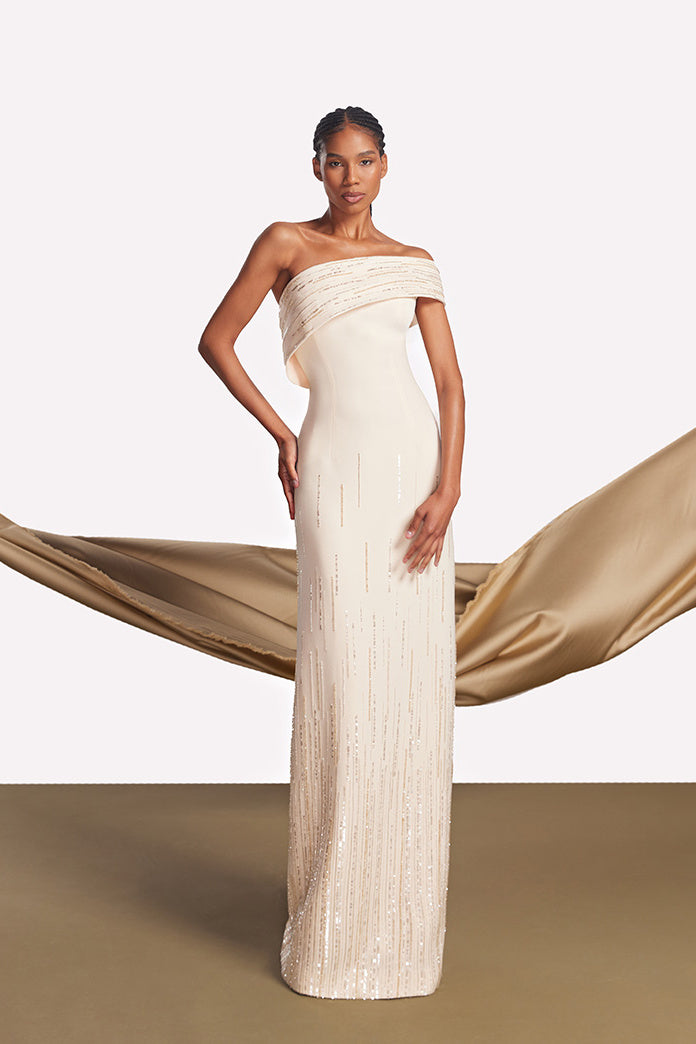 Asymmetric Off-Shoulder Beaded Gown