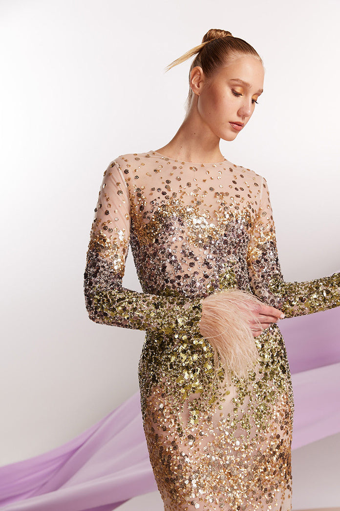 Feather-Trim Sequin Gown