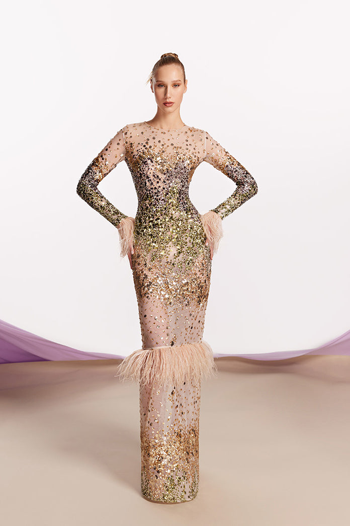 Feather-Trim Sequin Gown