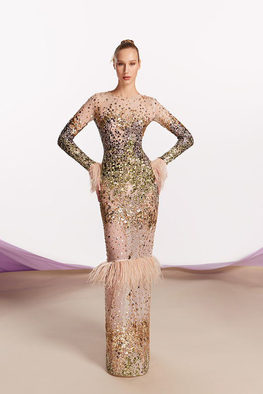 Feather-Trim Sequin Gown