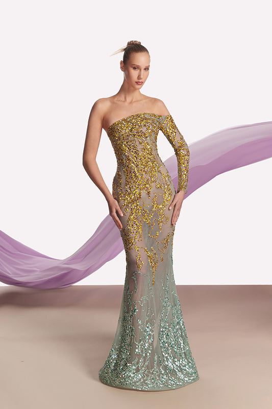 One-Sleeve Ombre Sequin Gown