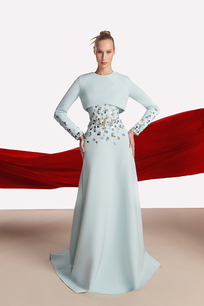Floral-Beaded Bolero Gown