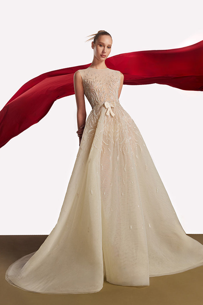 Beaded Tulle Bow Gown