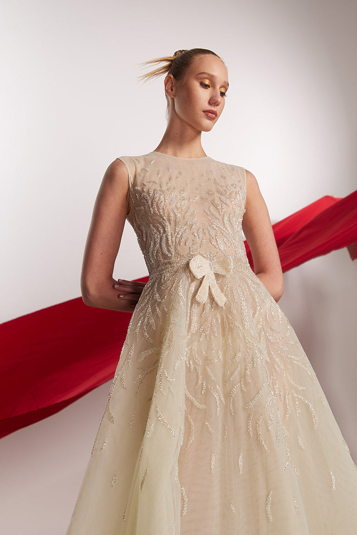 Beaded Tulle Bow Gown