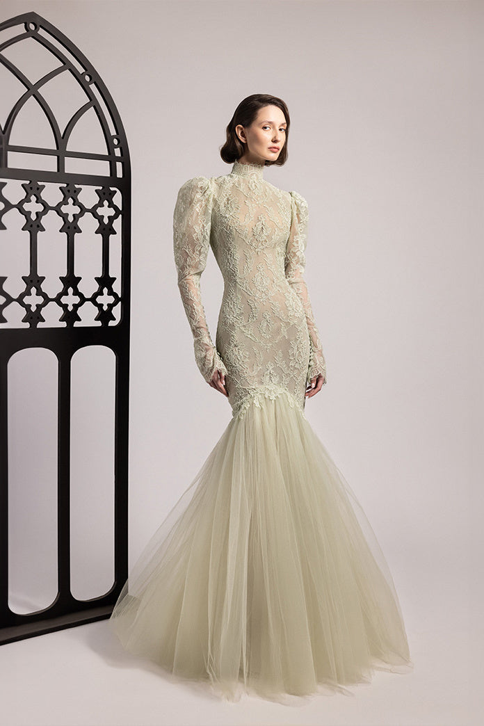 High-Neck Lace Mermaid Gown