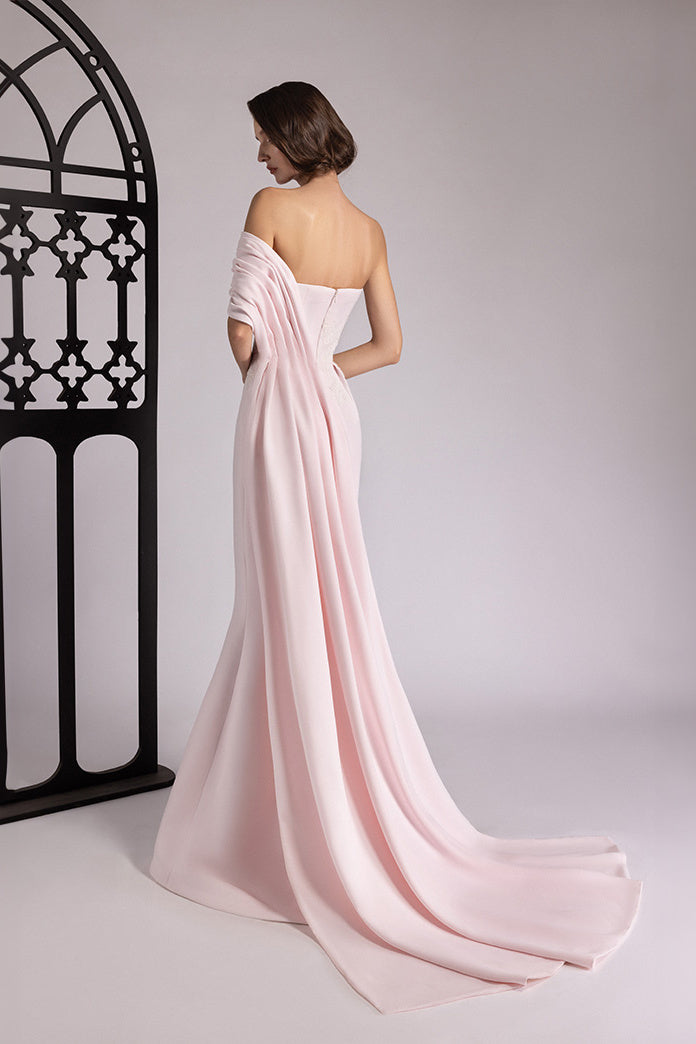 Asymmetric Pleated Train Gown