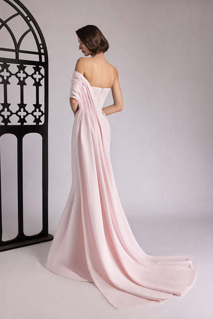 Asymmetric Pleated Train Gown