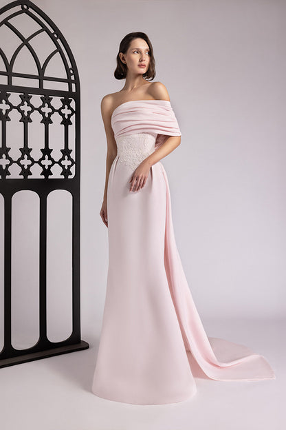 Asymmetric Pleated Train Gown