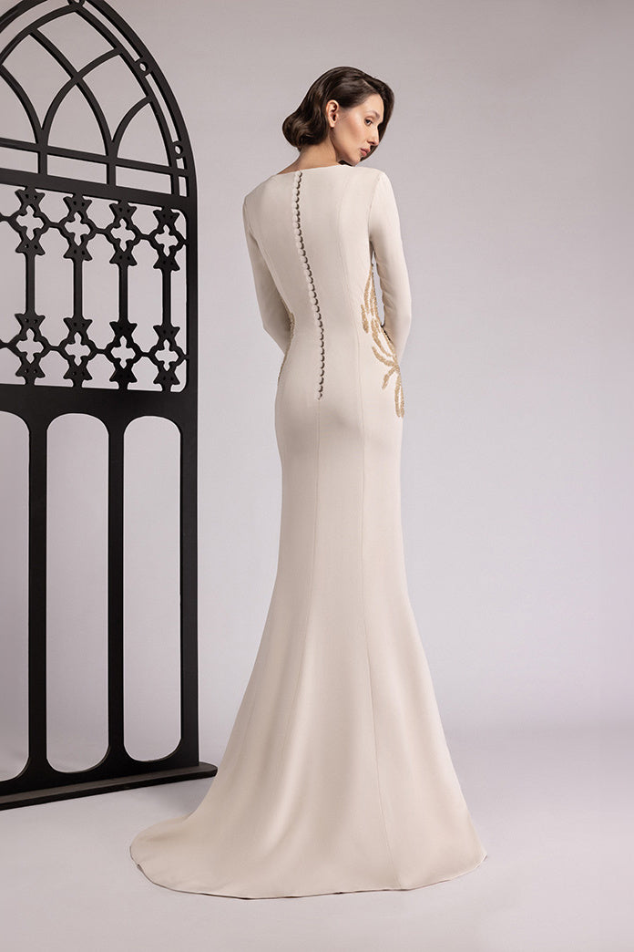 V-Neck Gold-Embroidered Gown