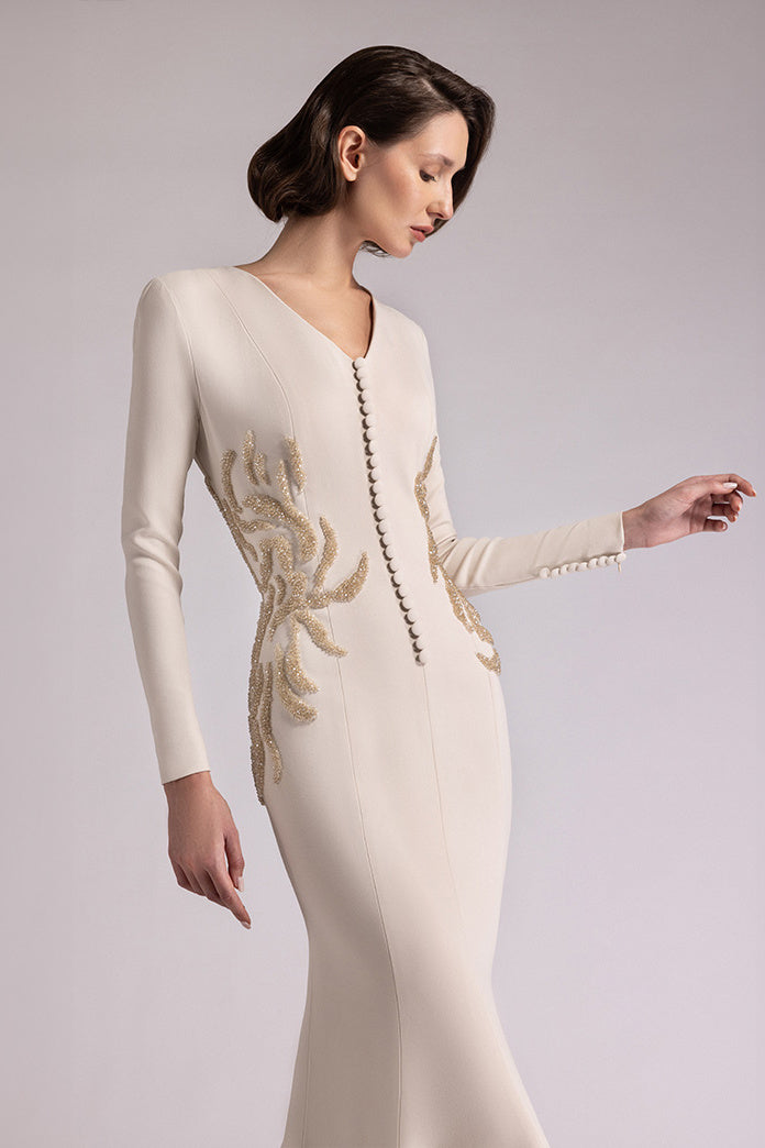 V-Neck Gold-Embroidered Gown