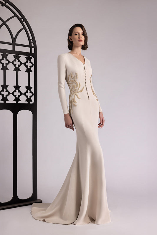 V-Neck Gold-Embroidered Gown