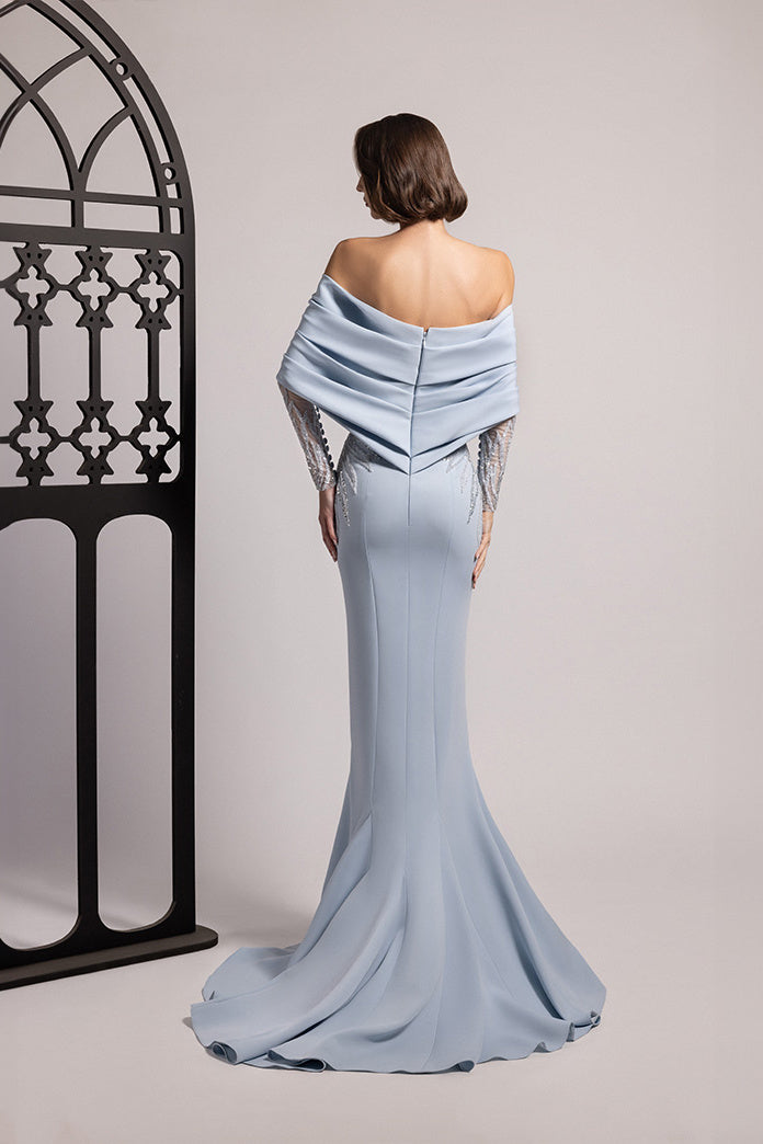 Off-Shoulder Lace-Sleeve Gown