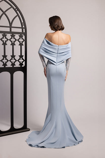 Off-Shoulder Lace-Sleeve Gown