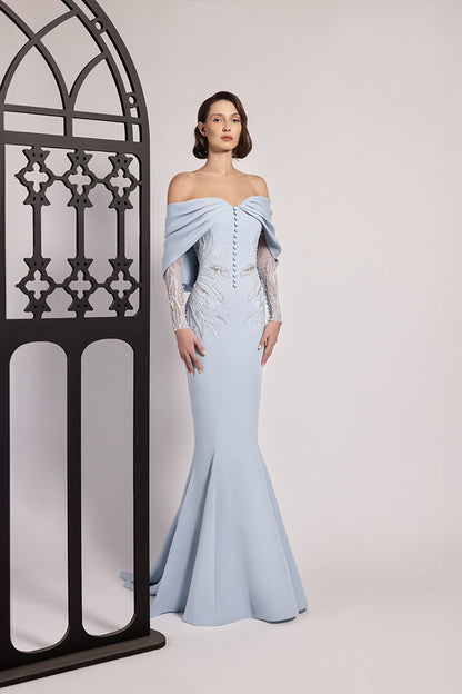 Off-Shoulder Lace-Sleeve Gown