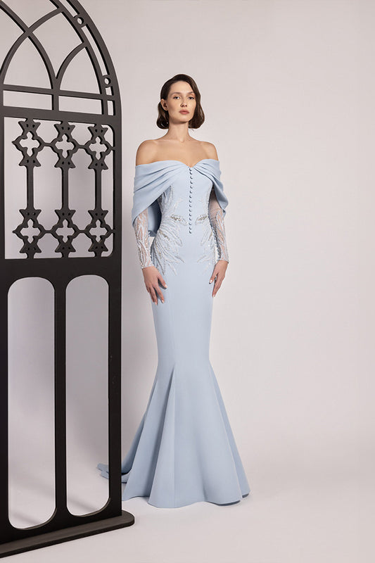 Off-Shoulder Lace-Sleeve Gown