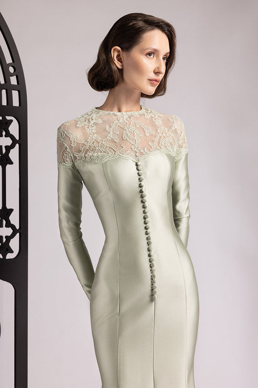 Lace-Yoke Mikado Mermaid Gown
