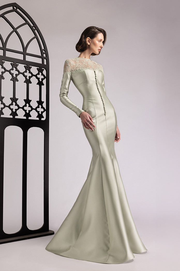 Lace-Yoke Mikado Mermaid Gown
