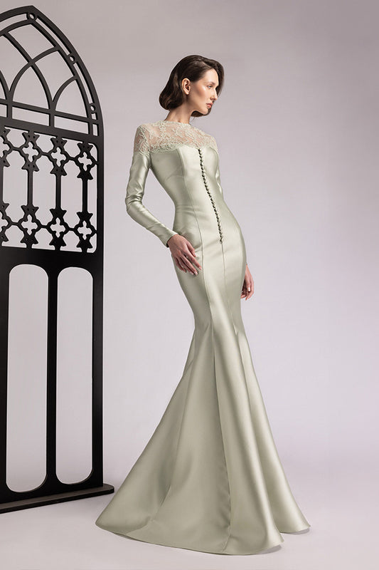 Lace-Yoke Mikado Mermaid Gown