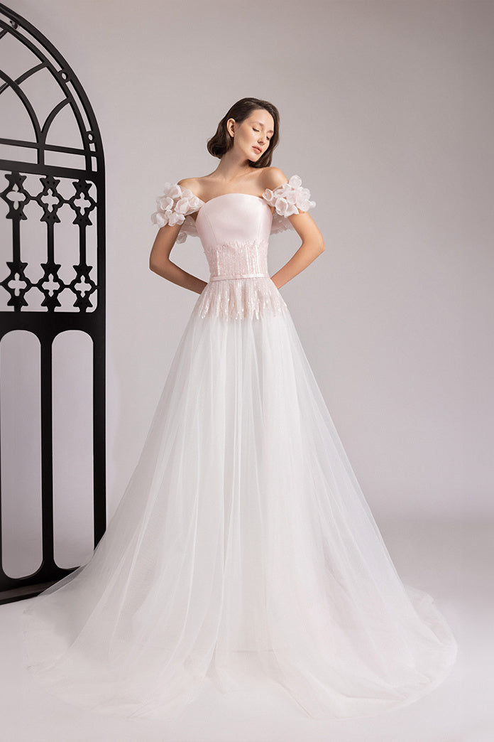 Off-Shoulder Petal-Sleeve Gown