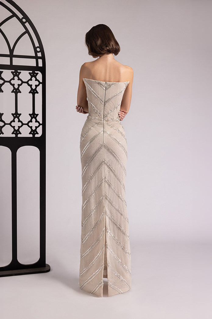 Strapless Chevron Beaded Gown