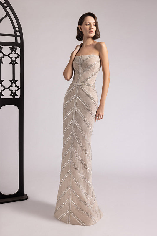 Strapless Chevron Beaded Gown