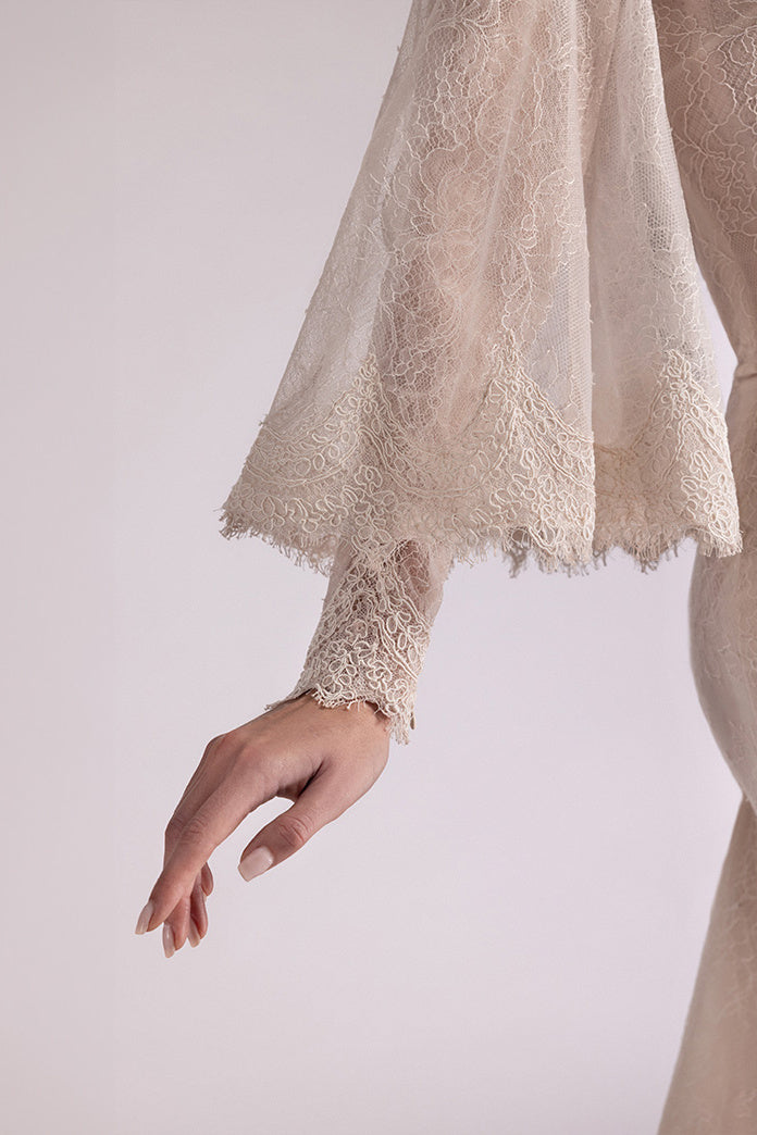 Off-Shoulder Bell-Sleeve Lace Gown