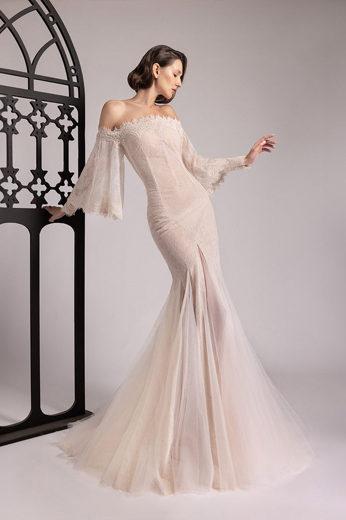 Off-Shoulder Bell-Sleeve Lace Gown