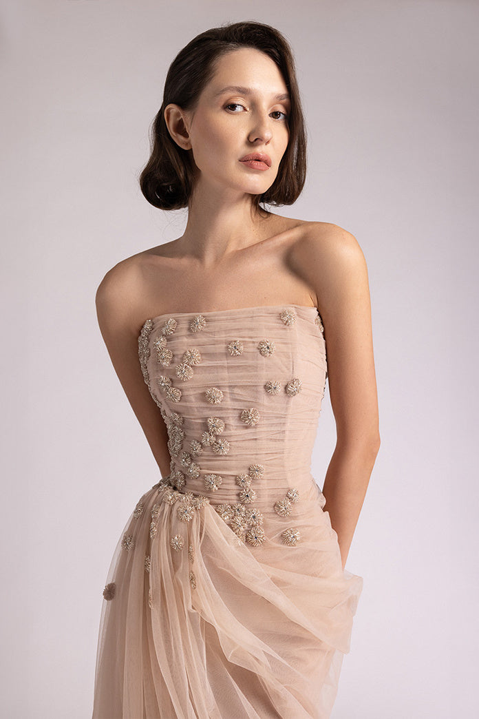 Strapless Draped Tulle Gown