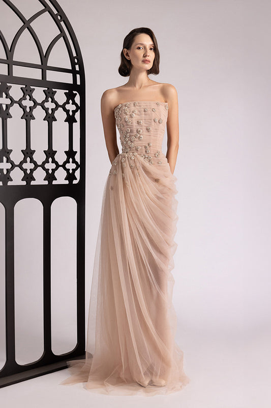Strapless Draped Tulle Gown