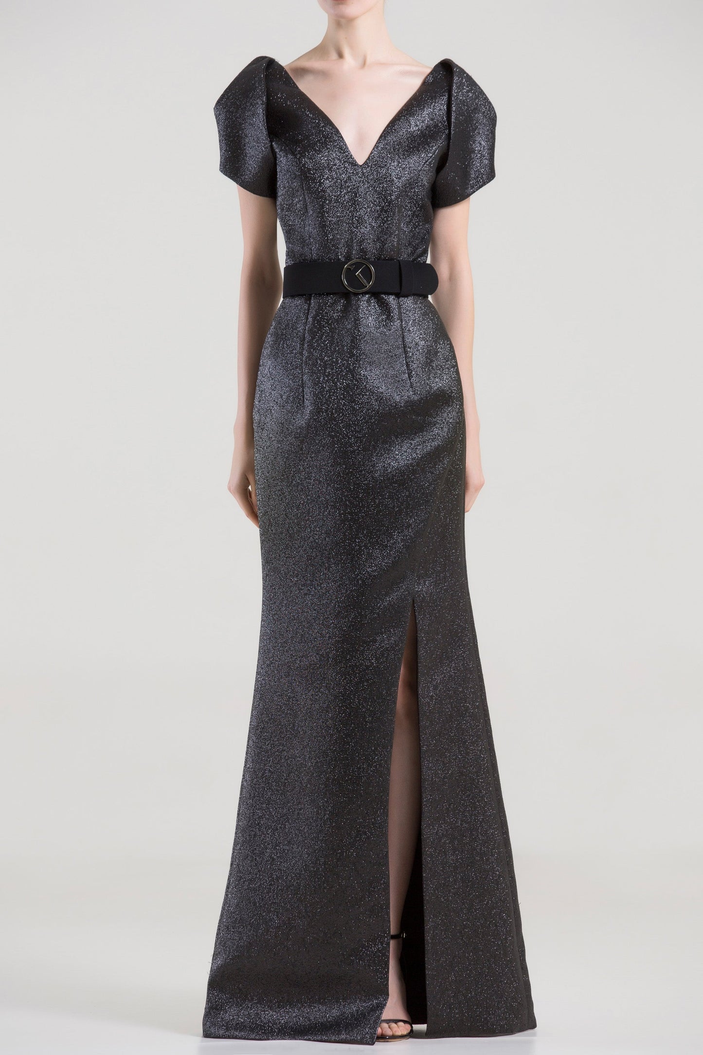 Short Sleeve Belted Slit Gown