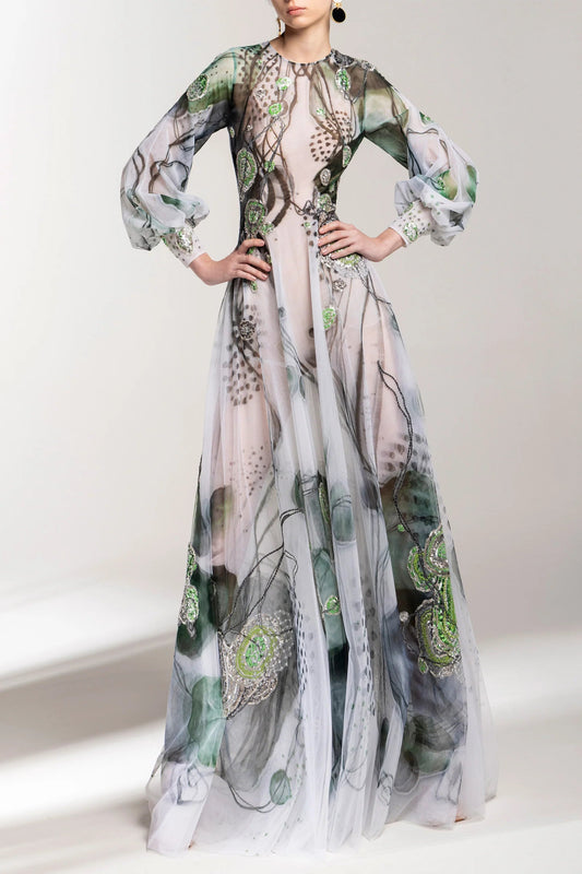 Printed Beaded Gown