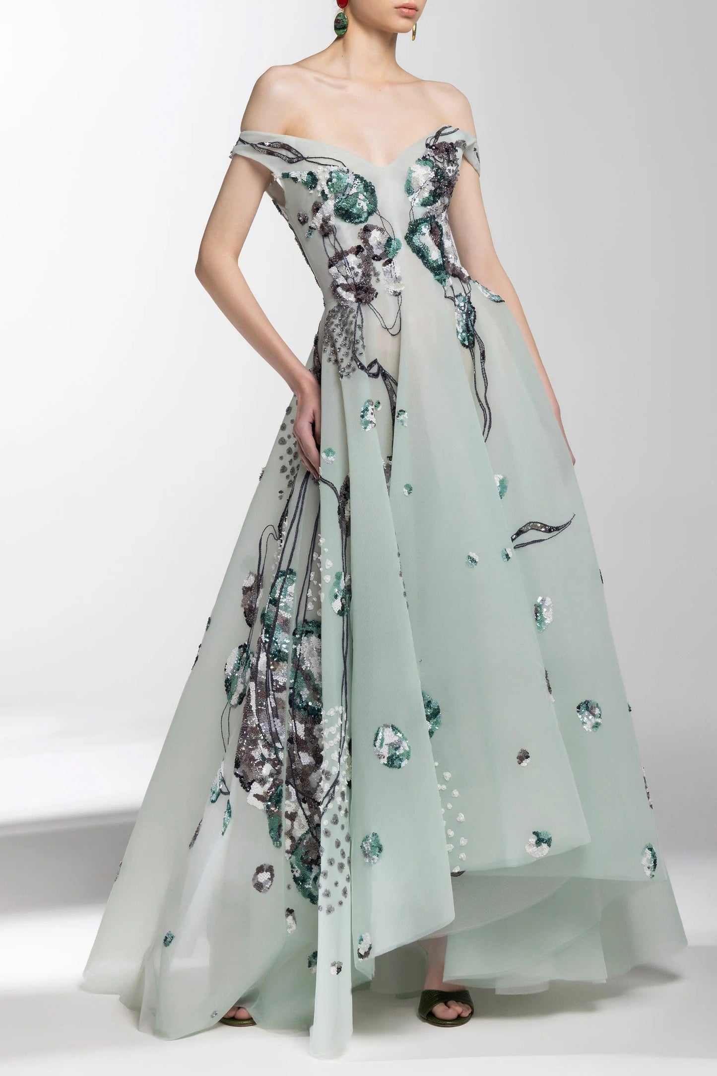 High-Low Off Shoulder Tulle Beaded Gown