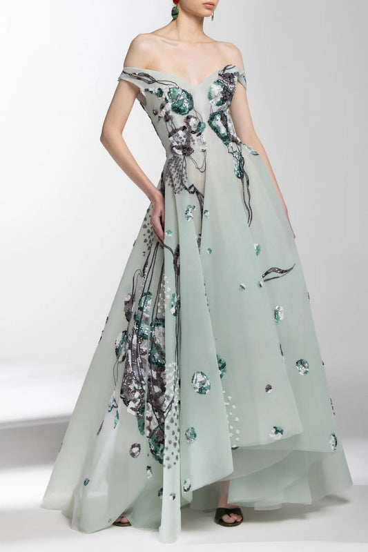 High-Low Off Shoulder Tulle Beaded Gown