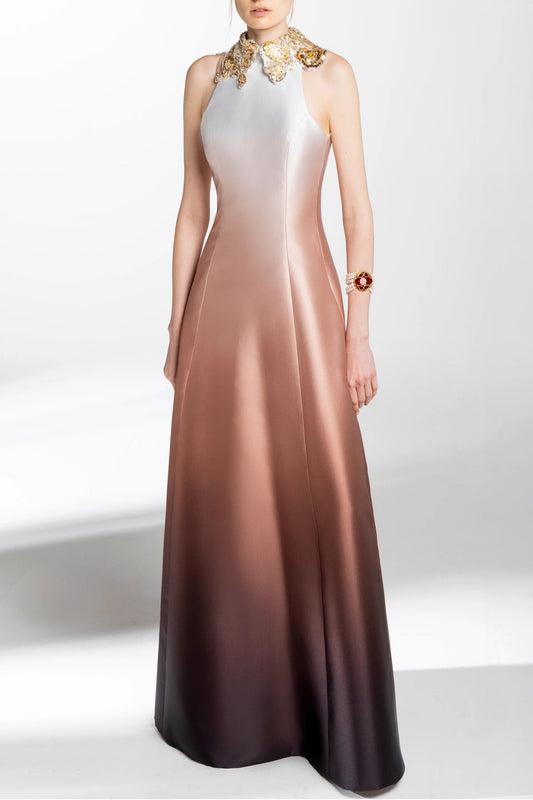 Mikado Gradient Printed Gown with Beaded Collar