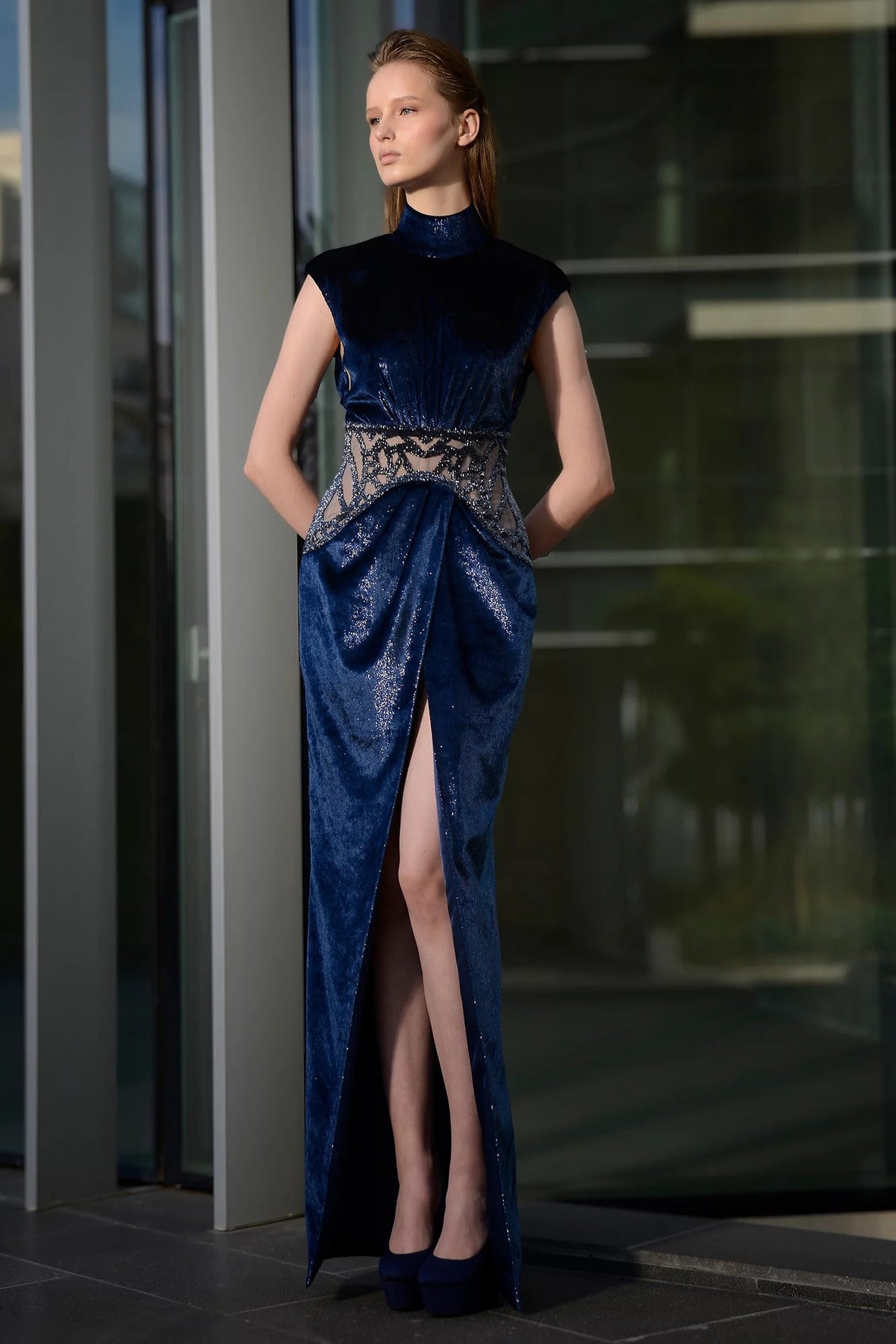 High-Neck Velvet Gown