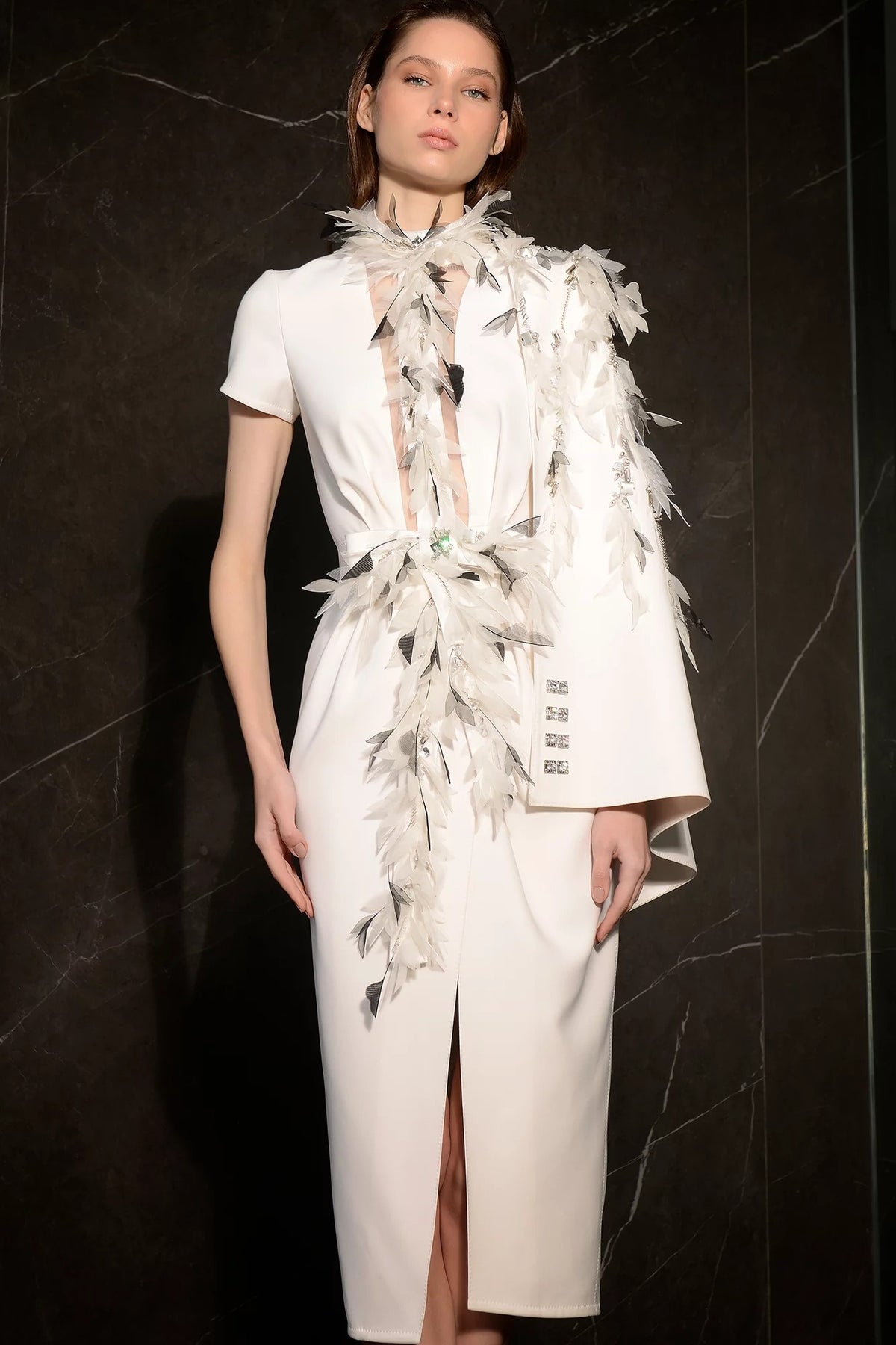 Asymmetrical Feather Midi Dress