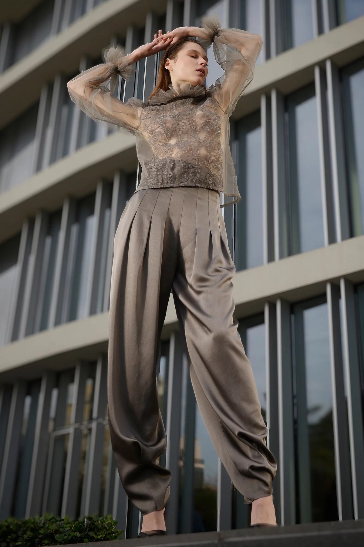 Sheer Blouse with Wool Trousers Set