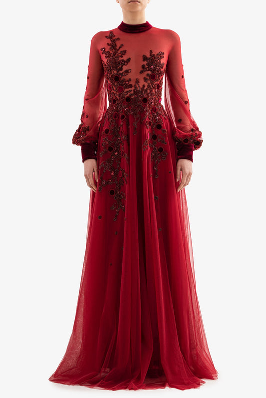 Embroidered Tulle Sleeved Gown