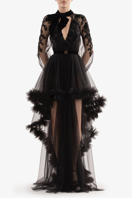 Embroidered Tulle Ruffled Gown