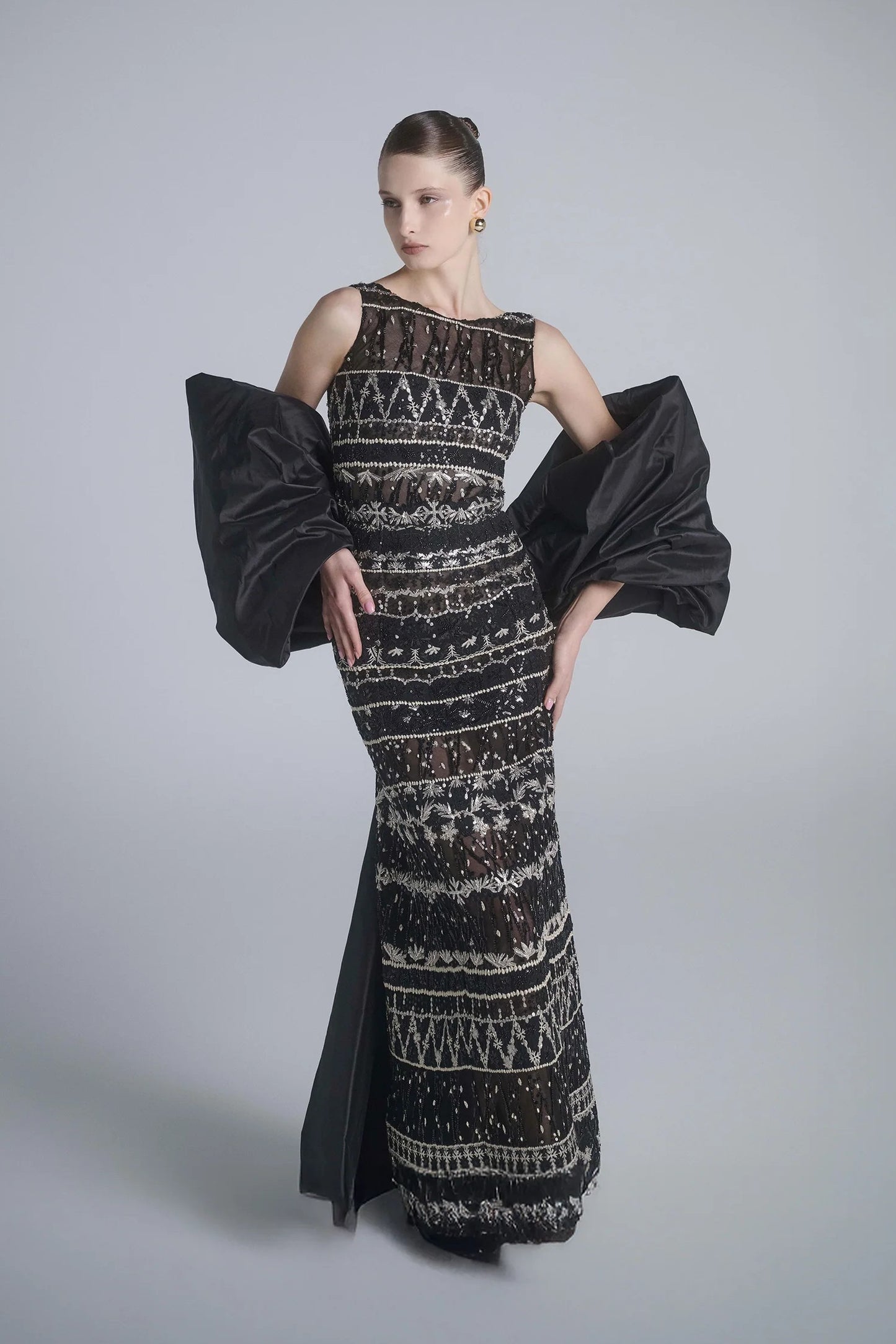 Embroidered Long Dress with Cape