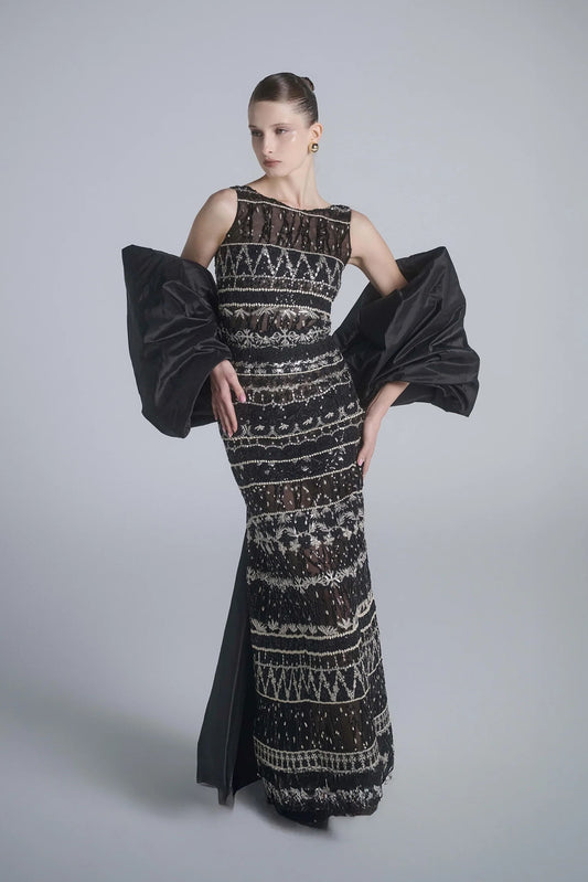 Embroidered Long Dress with Cape