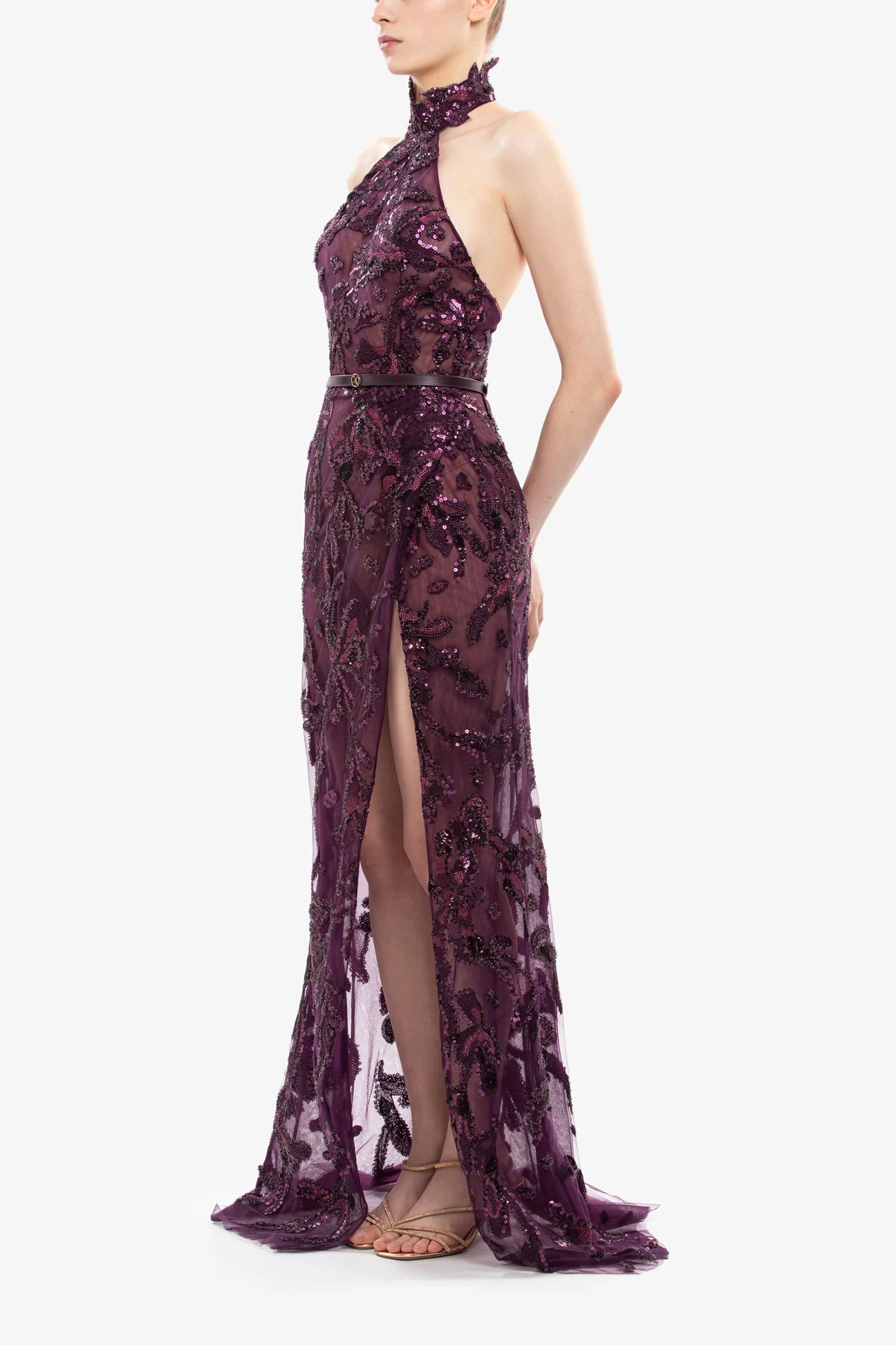 Embroidered Halter Gown