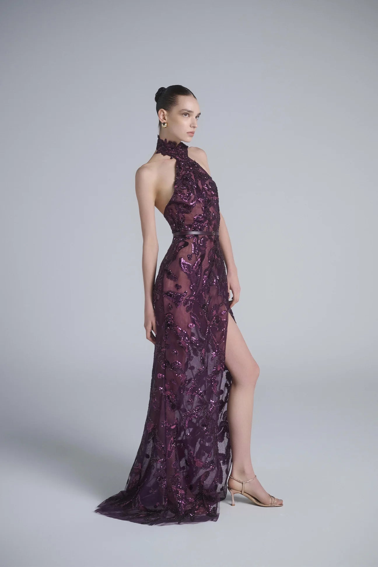 Embroidered Halter Gown