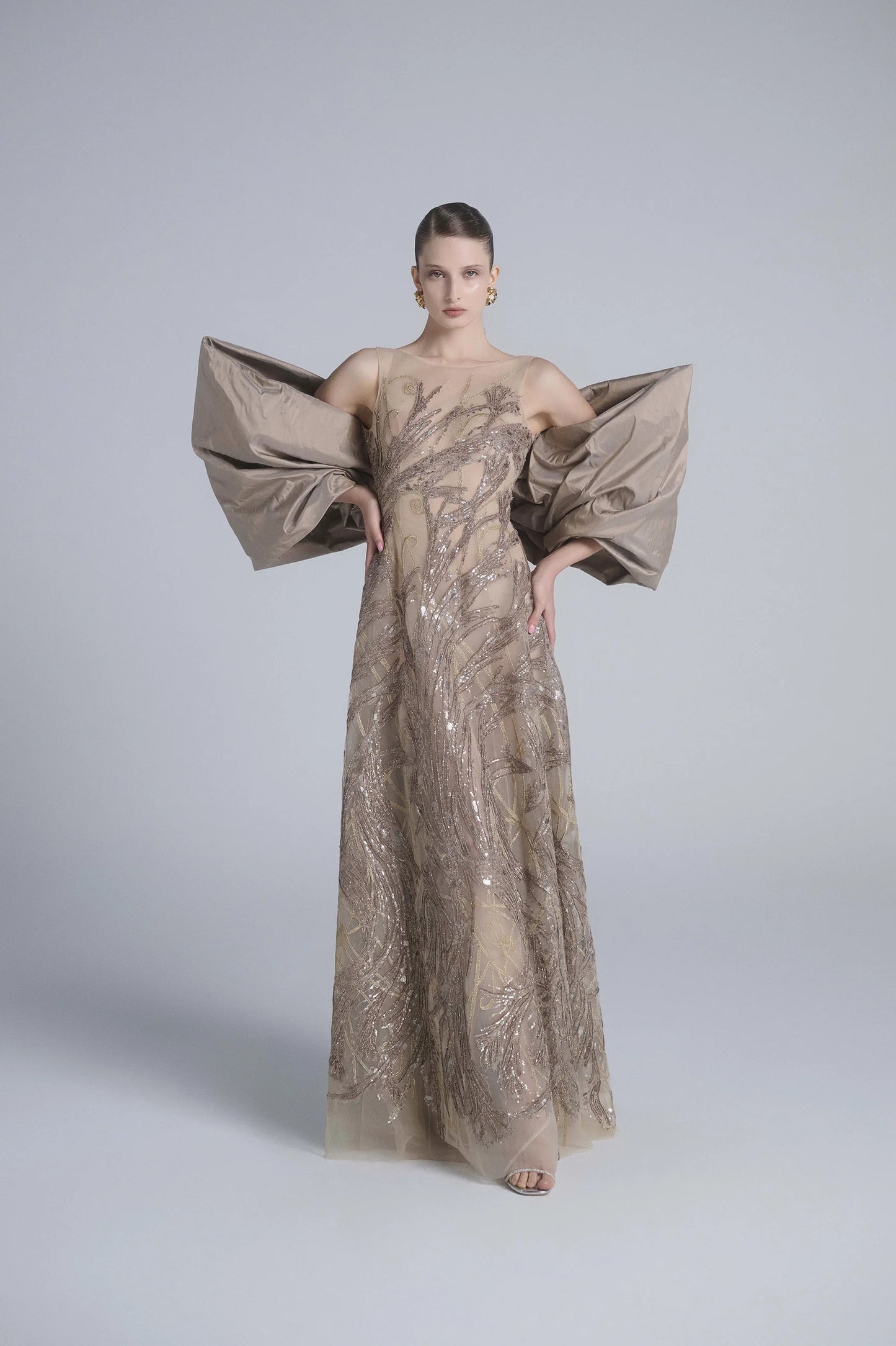 Embroidered Long Dress with Cape