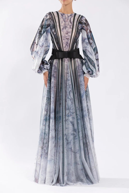 Tulle Printed Gown with Bell Sleeves