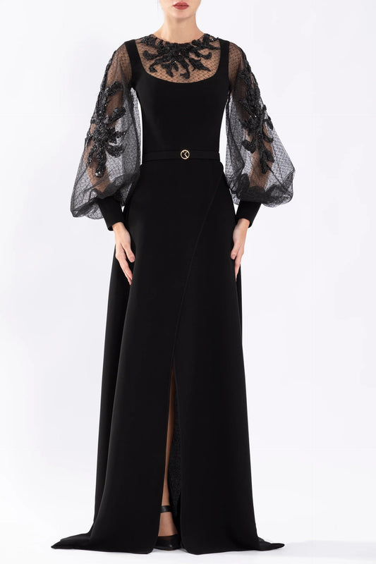 Crepe Gown with Envelope Skirt and Beading