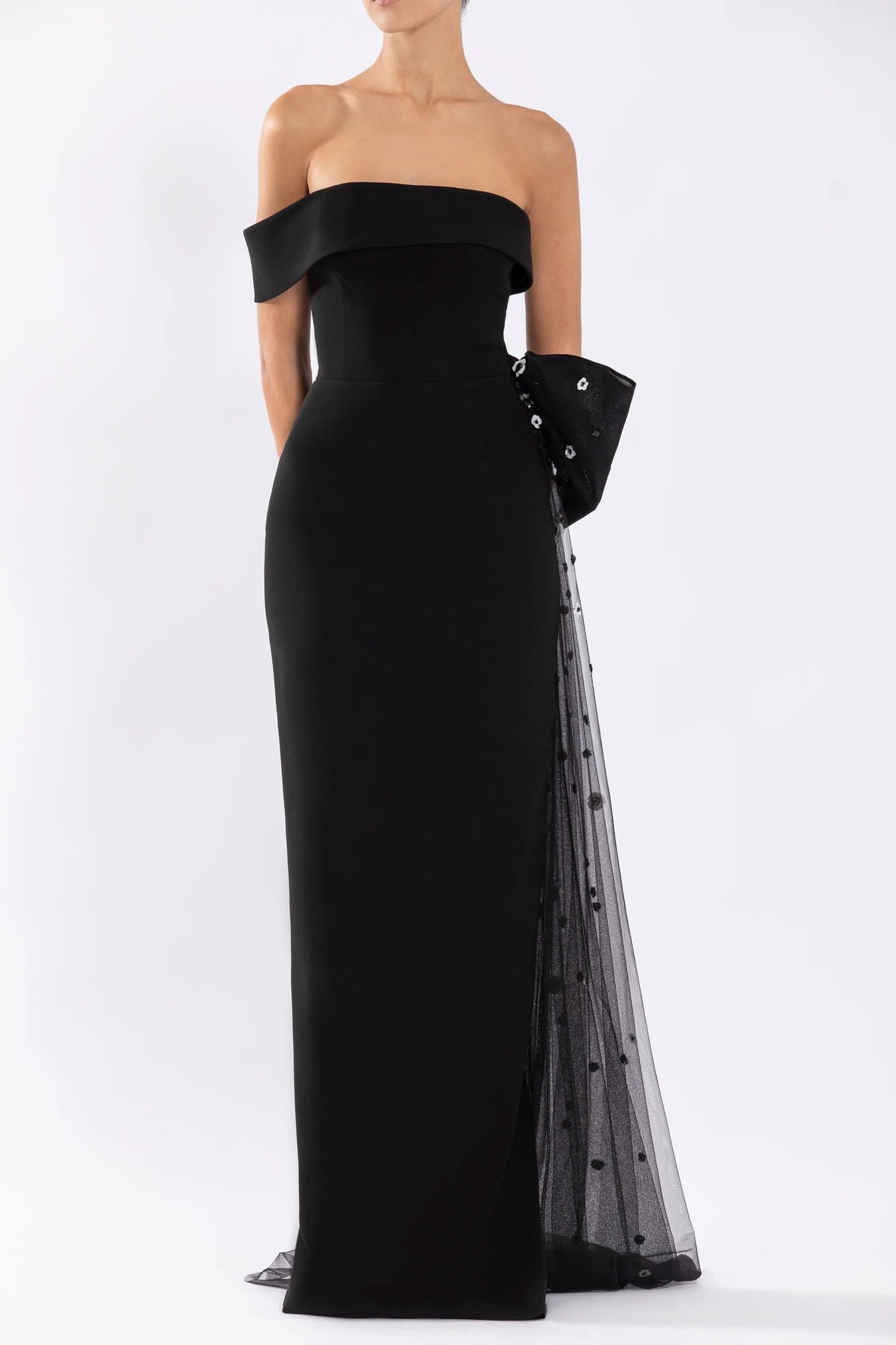 Crepe Off Shoulder Gown with Tulle Bow