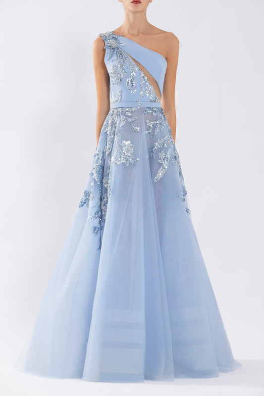 Tulle Beaded One Shoulder Gown with Floral Beading