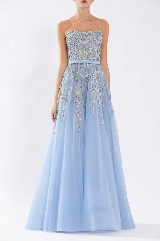 Tulle Strapless Gown with Beading