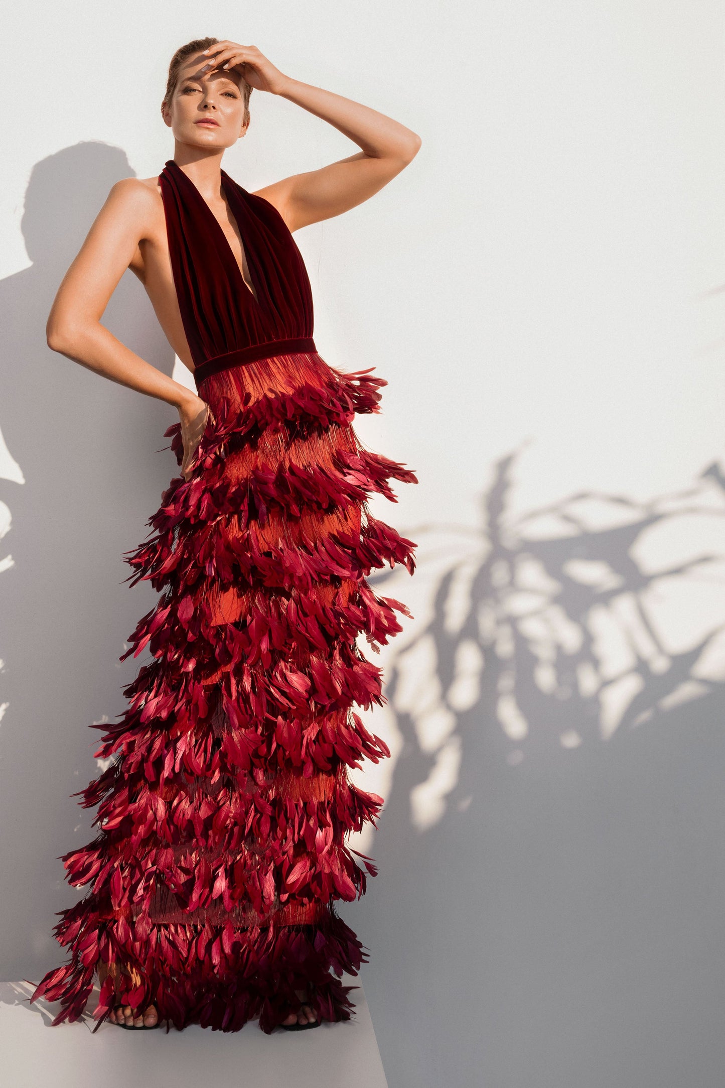 Deep -V Halter Feather Gown